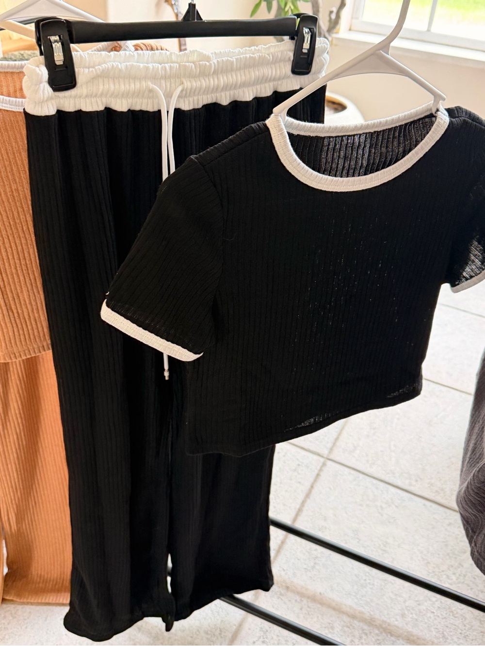 Black Ribbed Two-Piece Set with White Trim